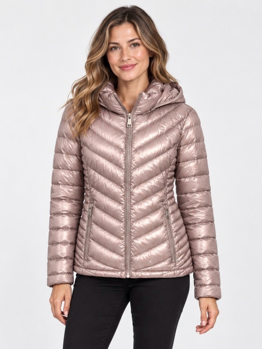 Calvin Klein Metallic Blush Quilted Hooded Puffer Jacket - Women's
